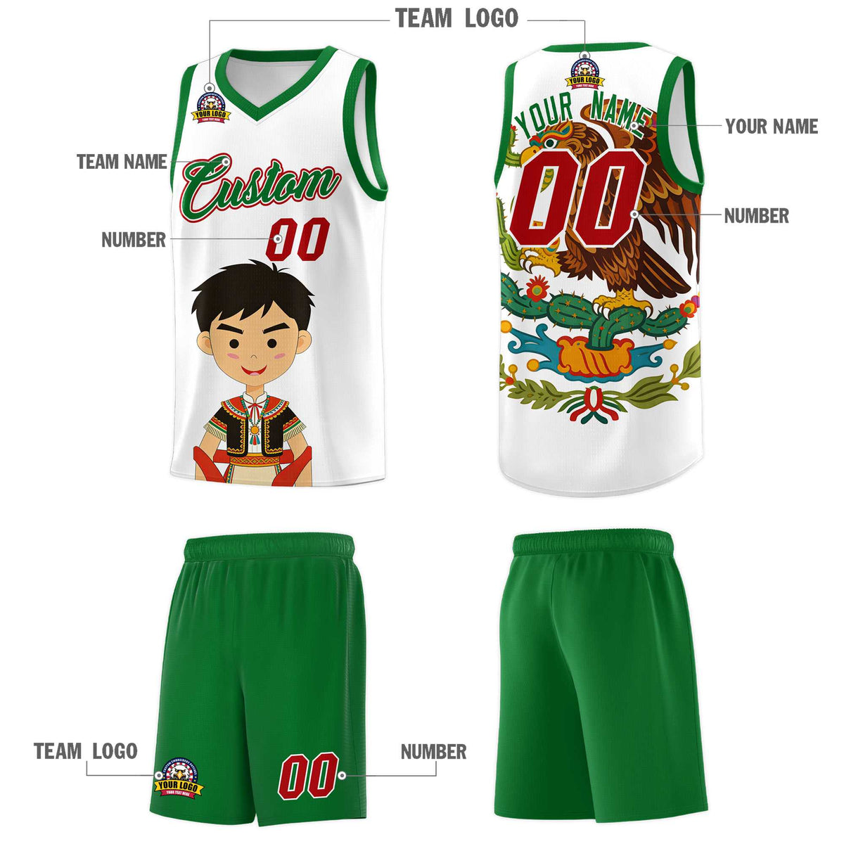 Custom White Kelly Green Mexican Colors Graffiti Patterns Breathable Uniform Basketball Jersey