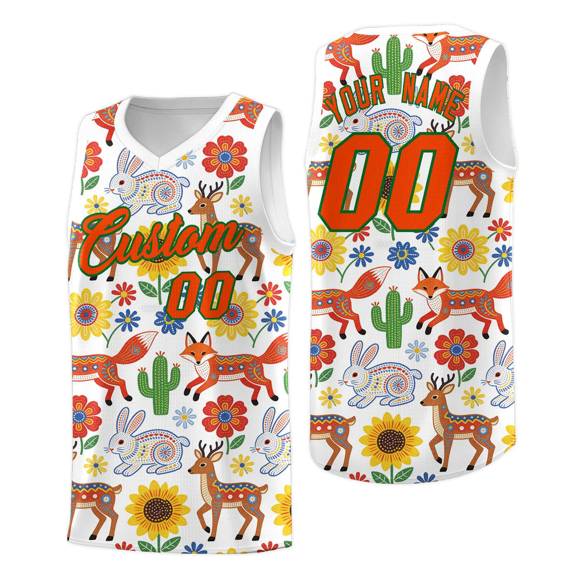 Custom White Chrysanthemum OrangeMexican Colors Graffiti Patterns Quick-Drying Uniform Basketball Jersey