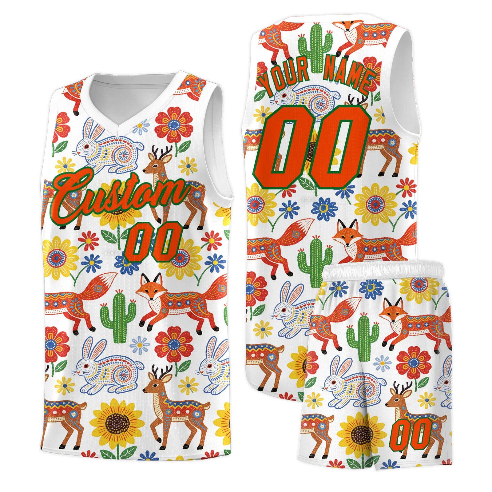 Custom White Chrysanthemum OrangeMexican Colors Graffiti Patterns Quick-Drying Uniform Basketball Jersey