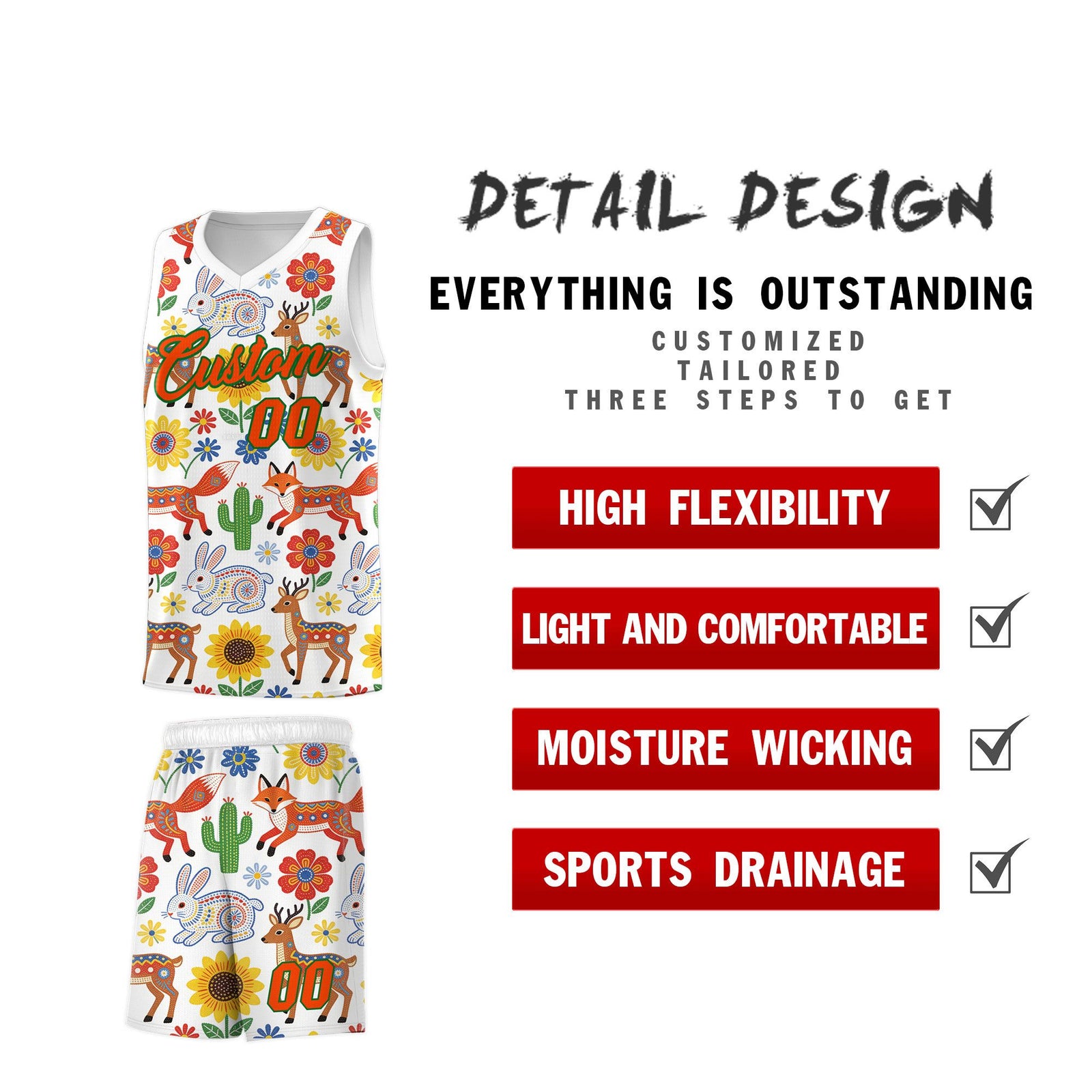 Custom White Chrysanthemum OrangeMexican Colors Graffiti Patterns Quick-Drying Uniform Basketball Jersey