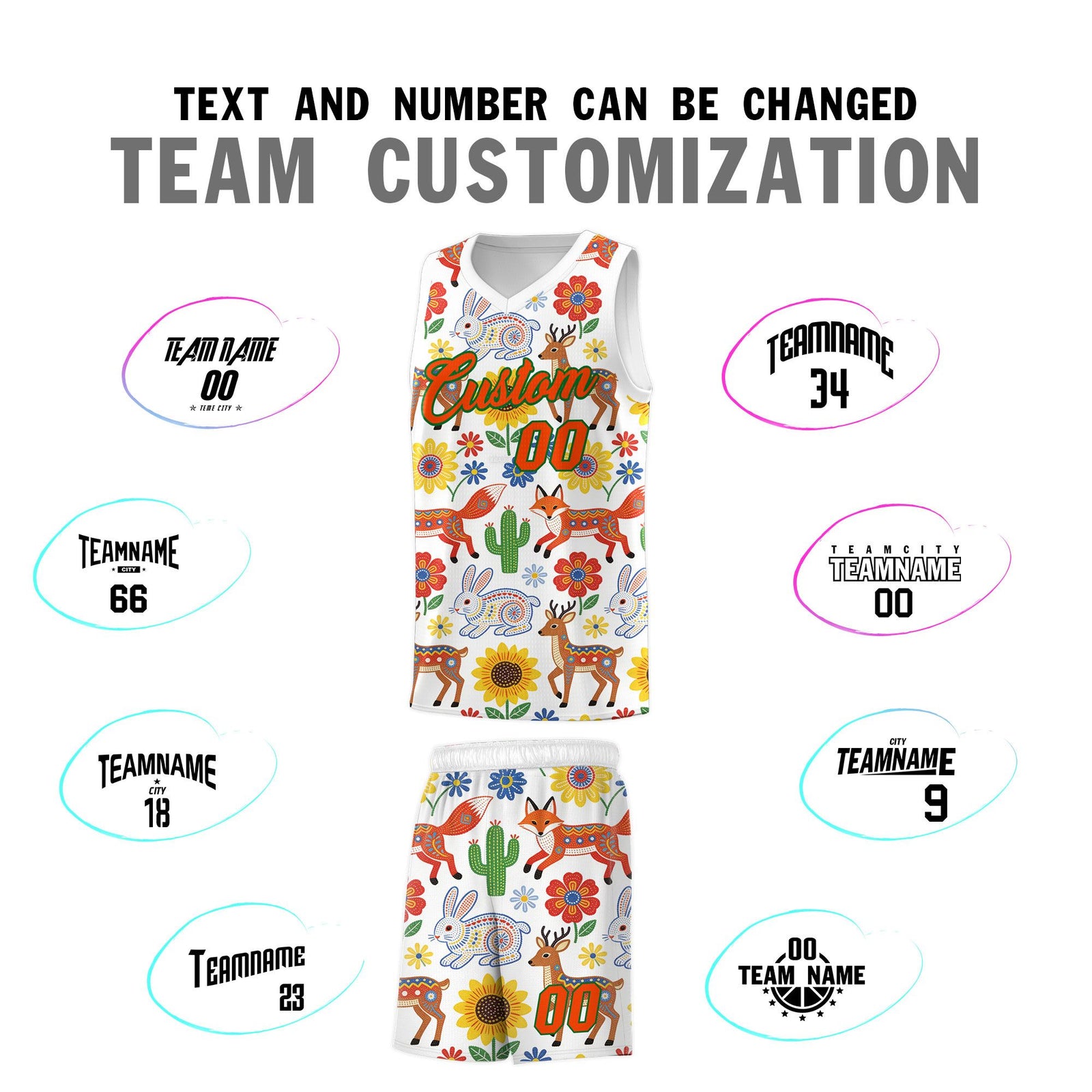 Custom White Chrysanthemum OrangeMexican Colors Graffiti Patterns Quick-Drying Uniform Basketball Jersey