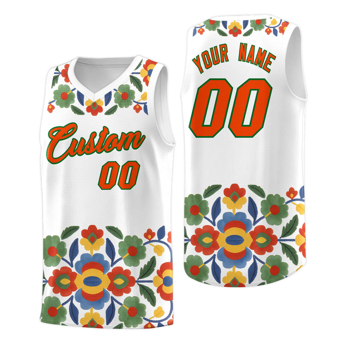 Custom White Orange Mexican Colors Graffiti Patterns Lightweight Uniform Basketball Jersey