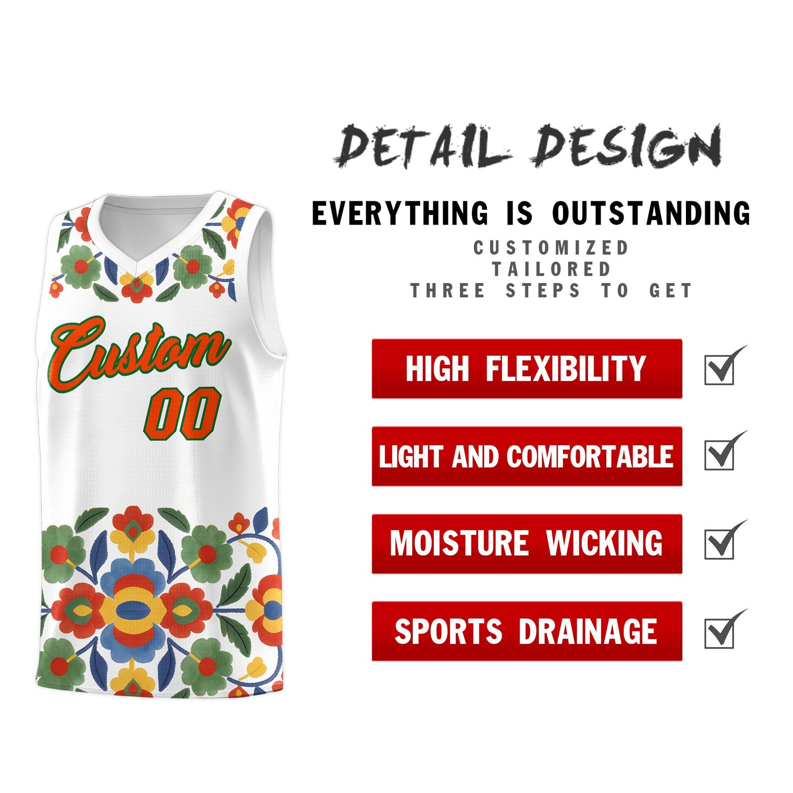 Custom White Orange Mexican Colors Graffiti Patterns Lightweight Uniform Basketball Jersey