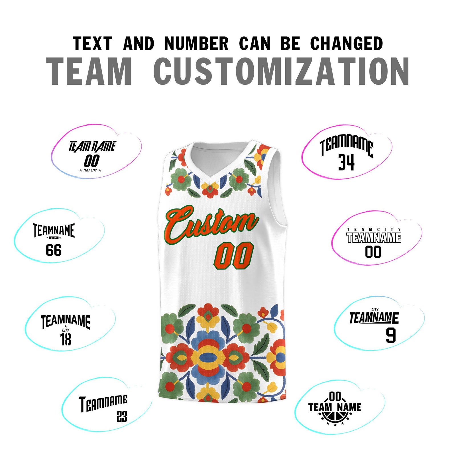 Custom White Orange Mexican Colors Graffiti Patterns Lightweight Uniform Basketball Jersey