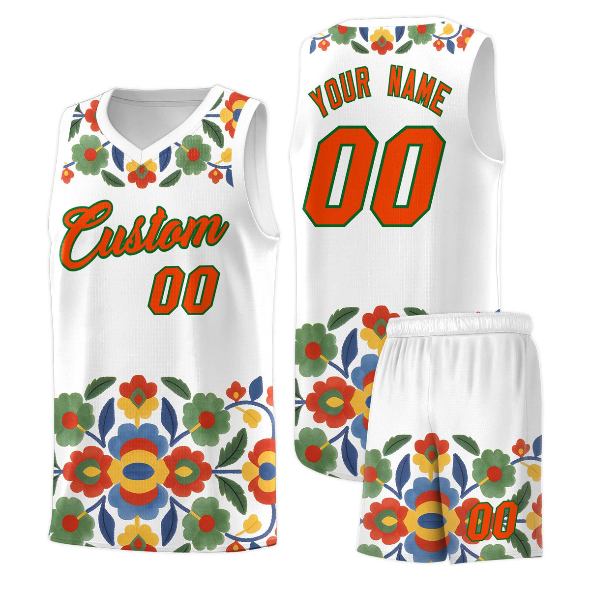Custom White Orange Mexican Colors Graffiti Patterns Lightweight Uniform Basketball Jersey