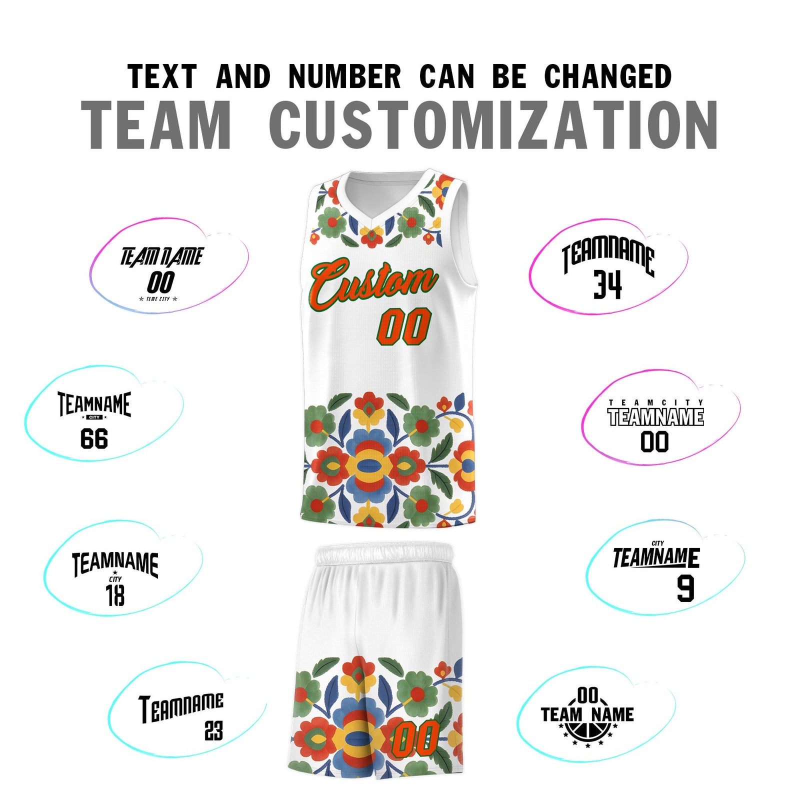 Custom White Orange Mexican Colors Graffiti Patterns Lightweight Uniform Basketball Jersey