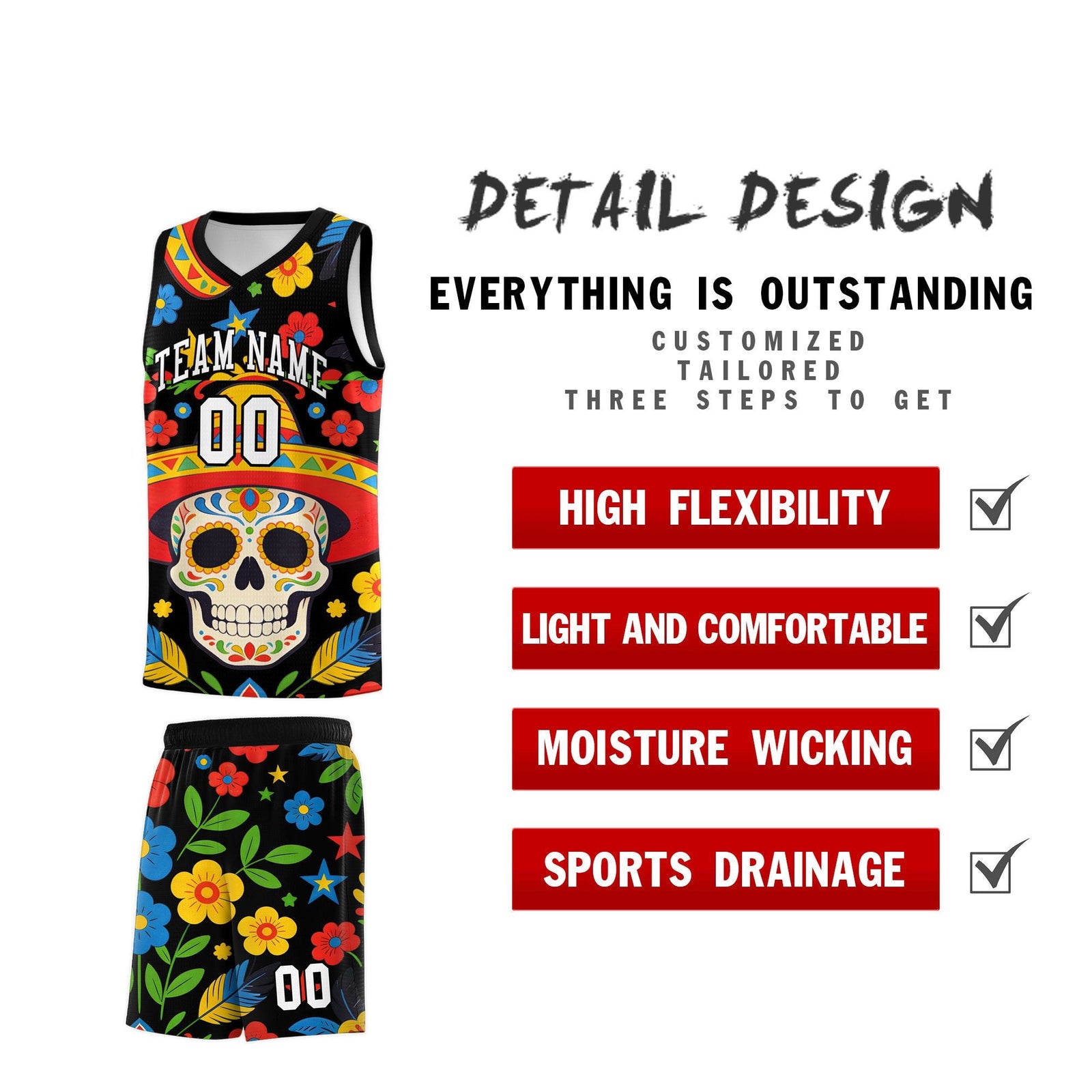Custom Black Skeleton Mexican Colors Graffiti Patterns Breathable Uniform Basketball Jersey