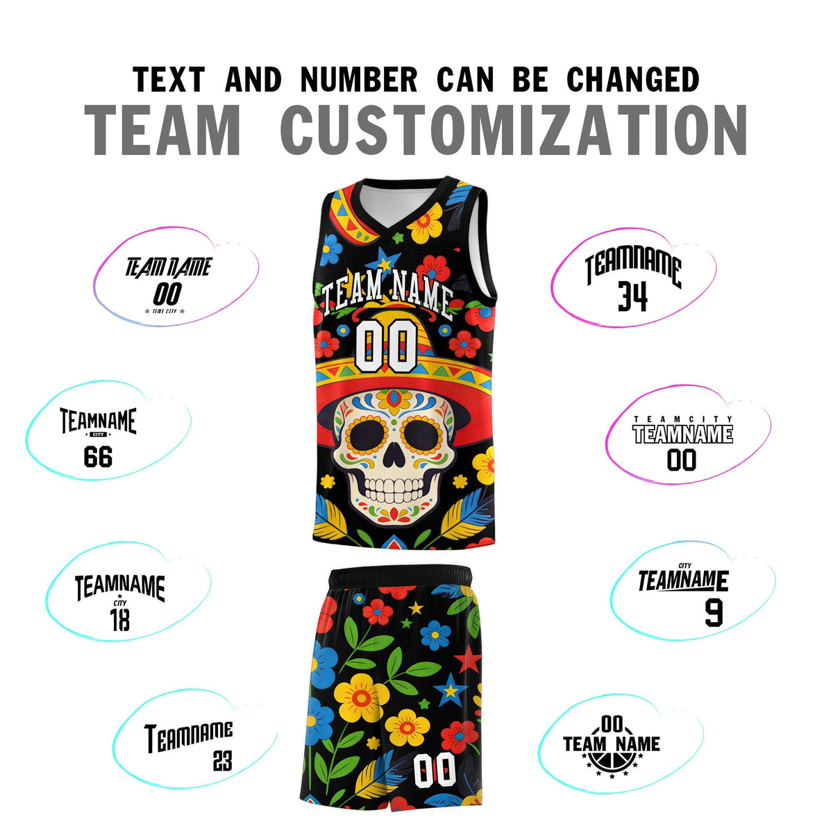 Custom Black Skeleton Mexican Colors Graffiti Patterns Breathable Uniform Basketball Jersey