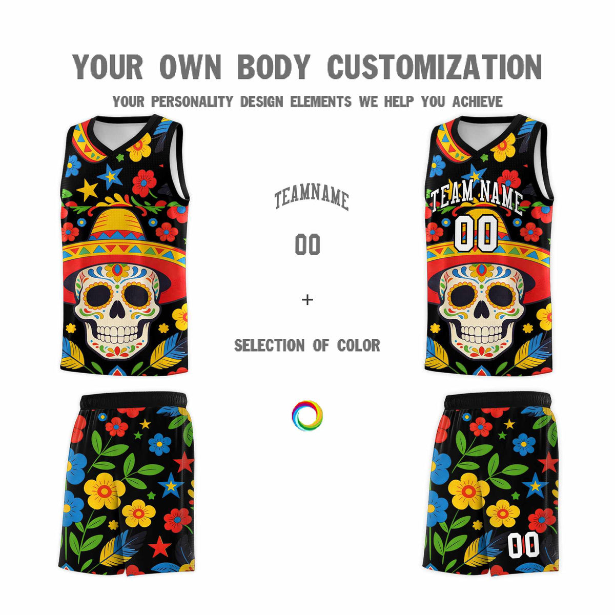 Custom Black Skeleton Mexican Colors Graffiti Patterns Breathable Uniform Basketball Jersey