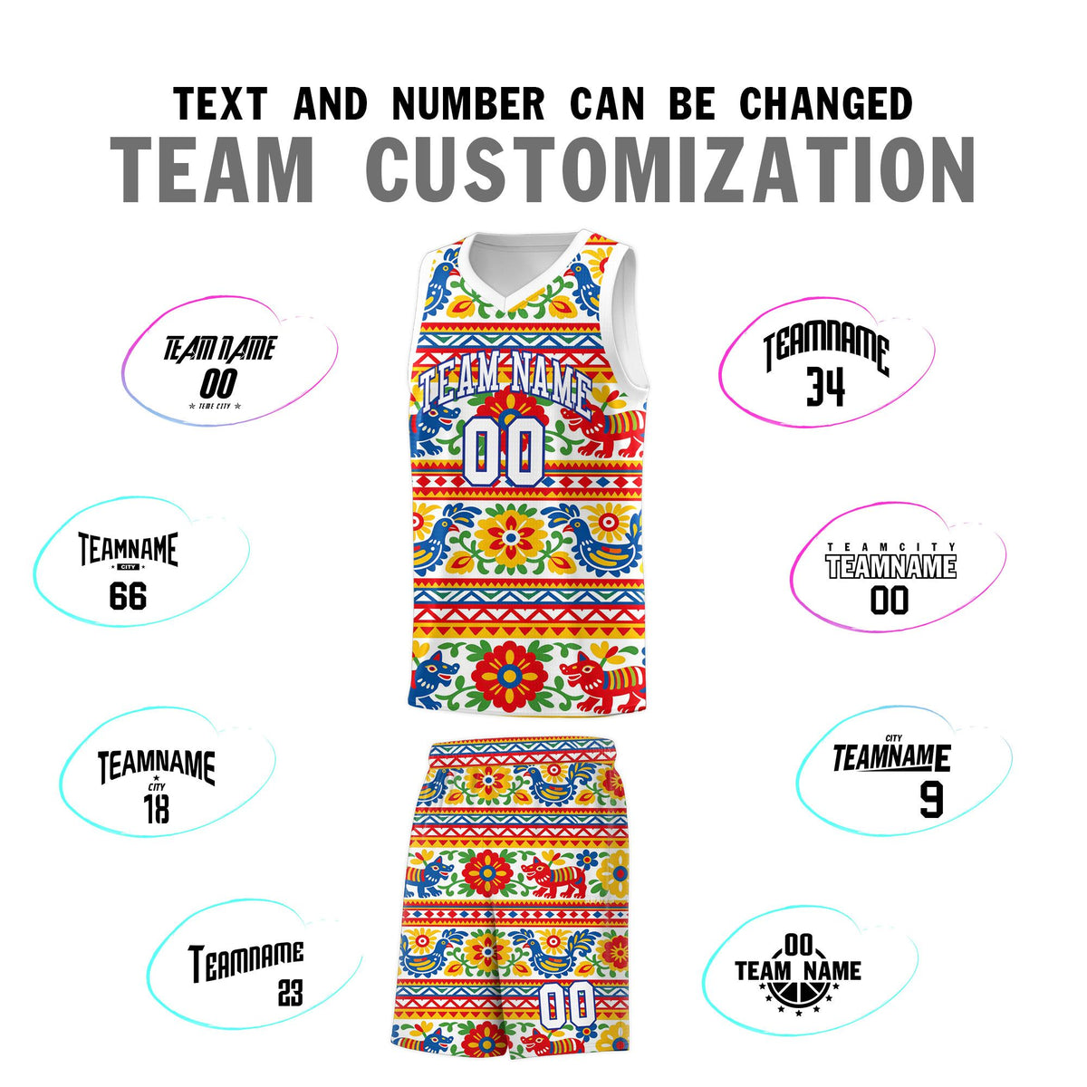 Custom White Colorfulflower pattern Mexican Colors Graffiti Patterns Quick-Drying Uniform Basketball Jersey