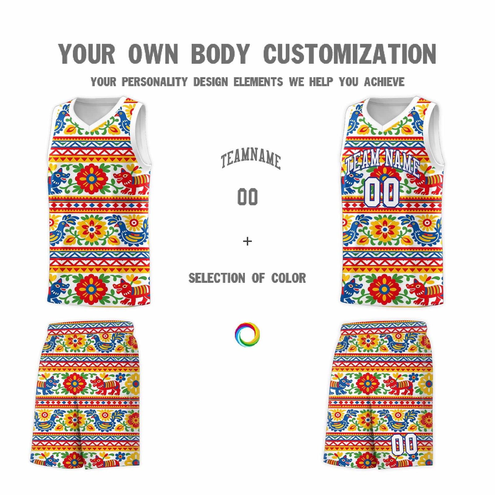 Custom White Colorfulflower pattern Mexican Colors Graffiti Patterns Quick-Drying Uniform Basketball Jersey