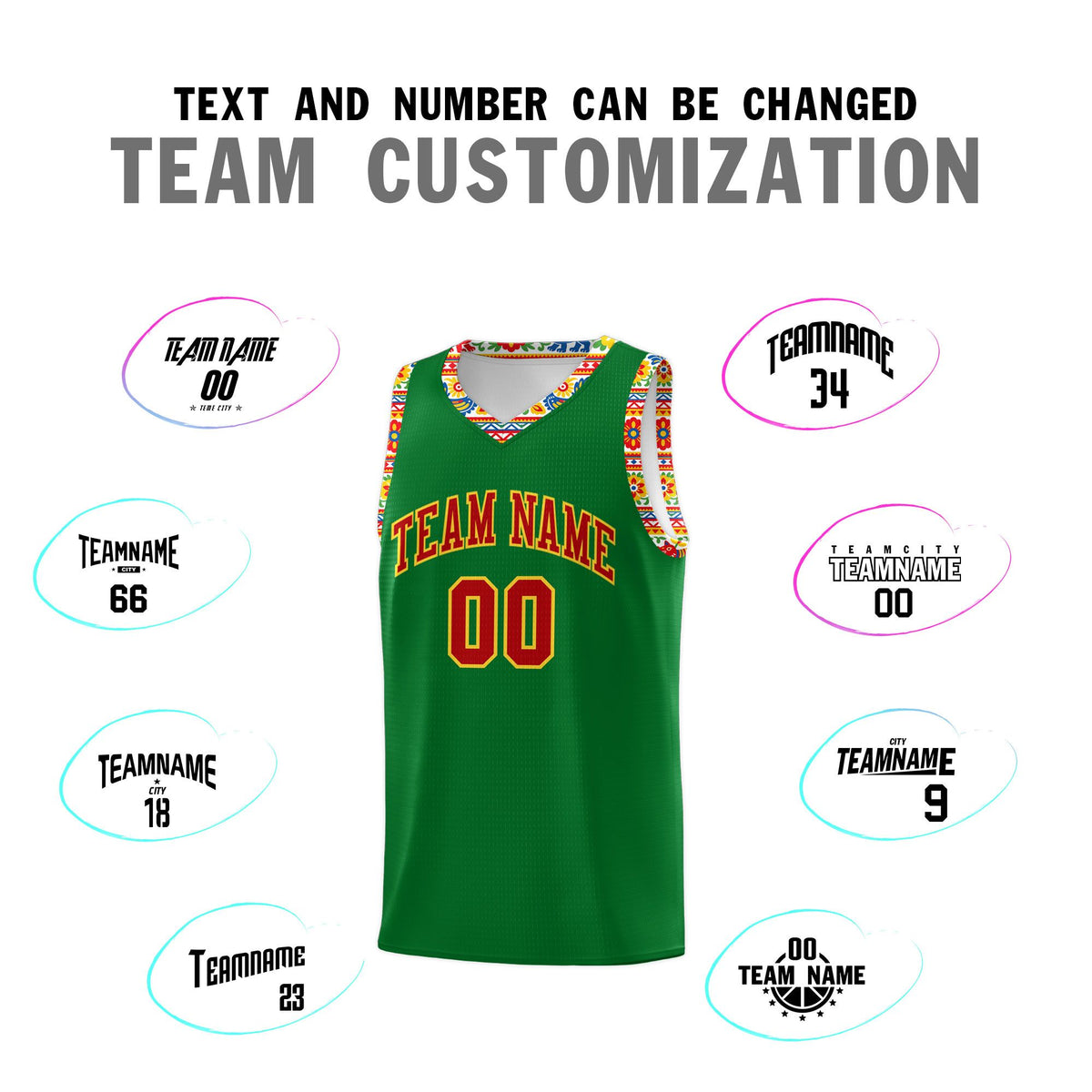 Custom Kelly Green Colorfulflower pattern Mexican Colors Graffiti Patterns Lightweight Uniform Basketball Jersey