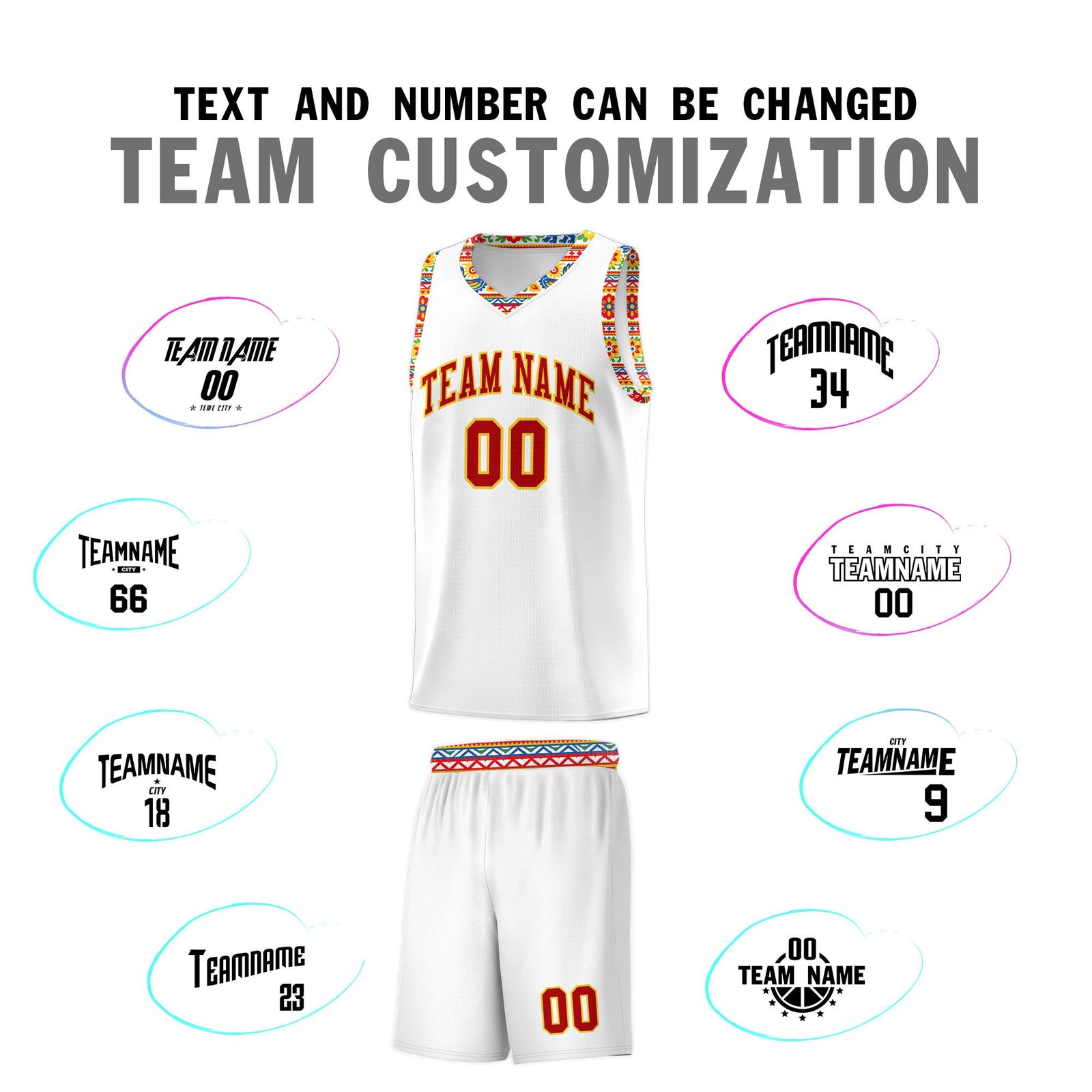 Custom White Colorfulflower pattern Mexican Colors Graffiti Patterns Wrinkle-Resistant Uniform Basketball Jersey