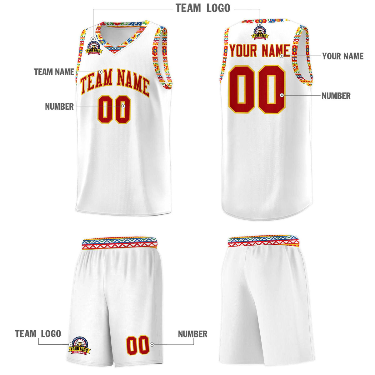 Custom White Colorfulflower pattern Mexican Colors Graffiti Patterns Wrinkle-Resistant Uniform Basketball Jersey
