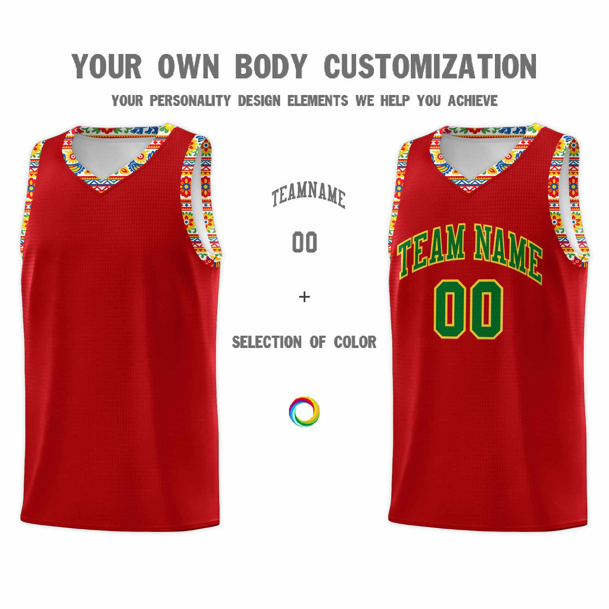 Custom Red Colorfulflower pattern Mexican Colors Graffiti Patterns Drapable Uniform Basketball Jersey