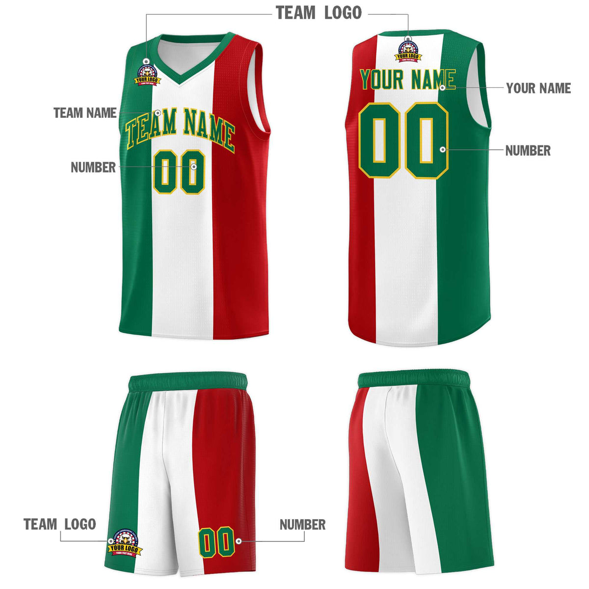 Custom White Kelly Green Red Mexican Colors Graffiti Patterns Breathable Uniform Basketball Jersey