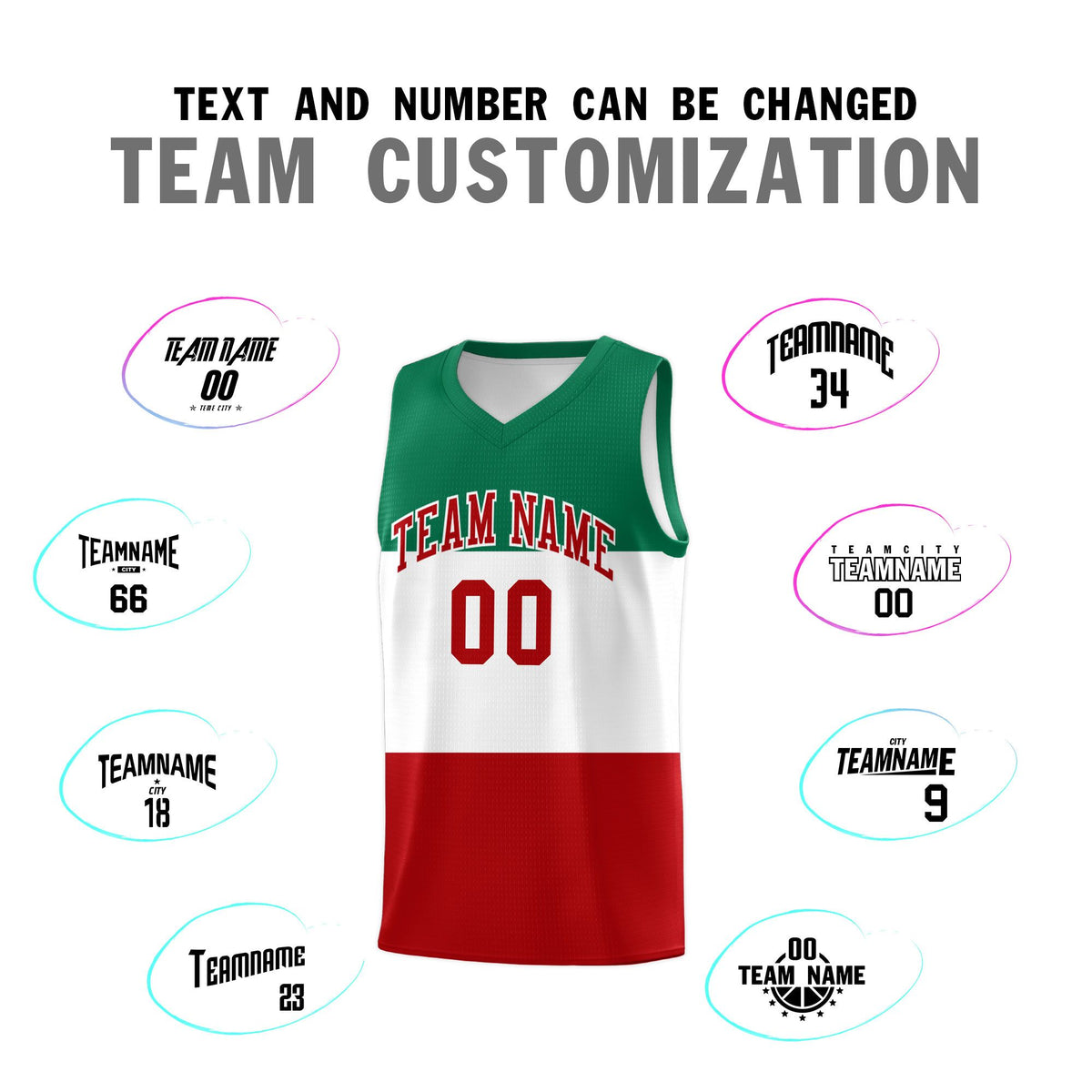 Custom White Kelly Green Red Mexican Colors Graffiti Patterns Drapable Uniform Basketball Jersey