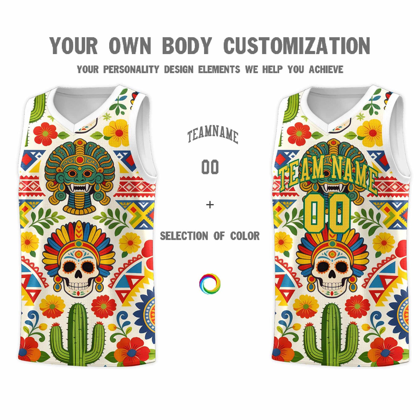 Custom White Skeleton Mexican Colors Graffiti Patterns Sublimation Printing Uniform Basketball Jersey