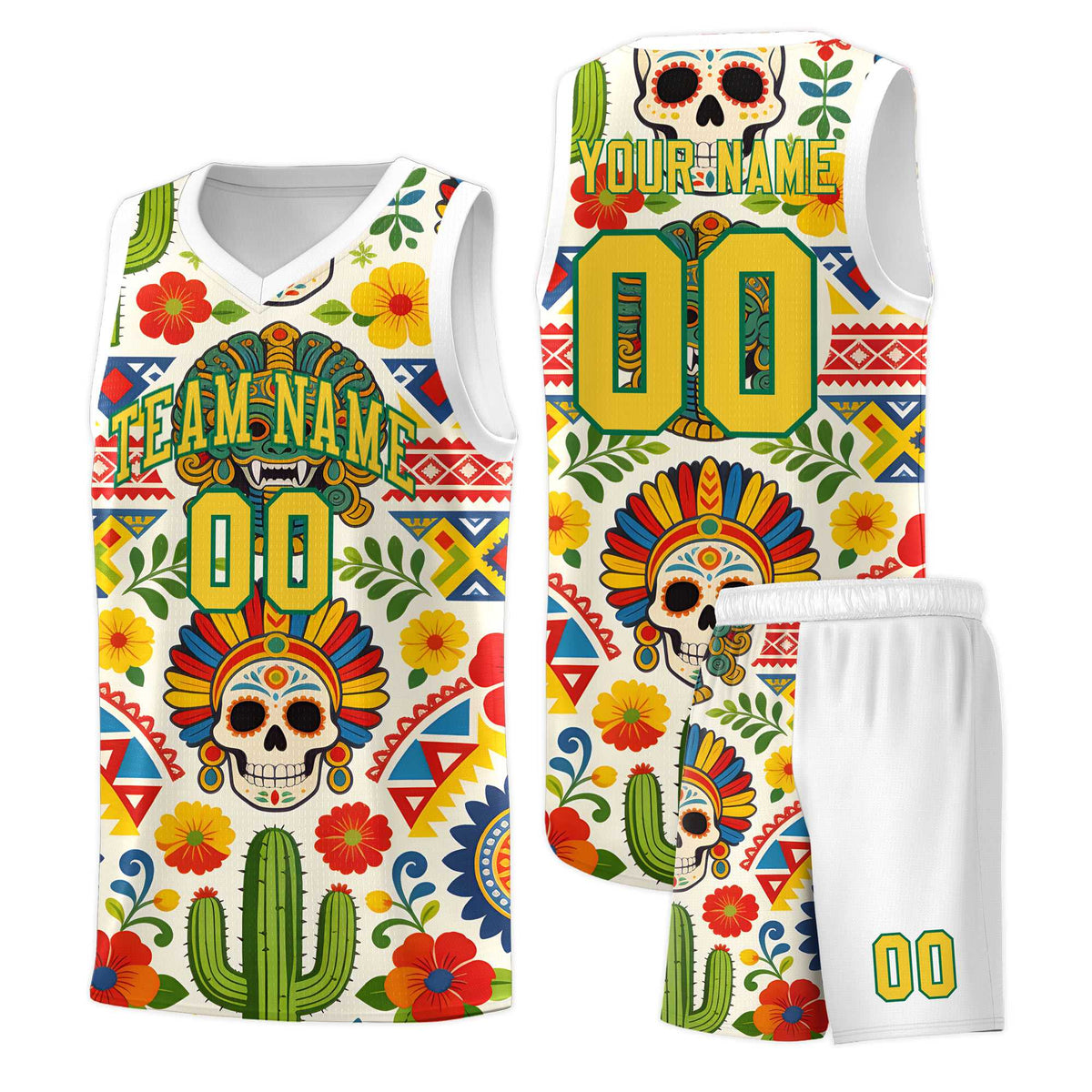 Custom White Skeleton Mexican Colors Graffiti Patterns Sublimation Printing Uniform Basketball Jersey