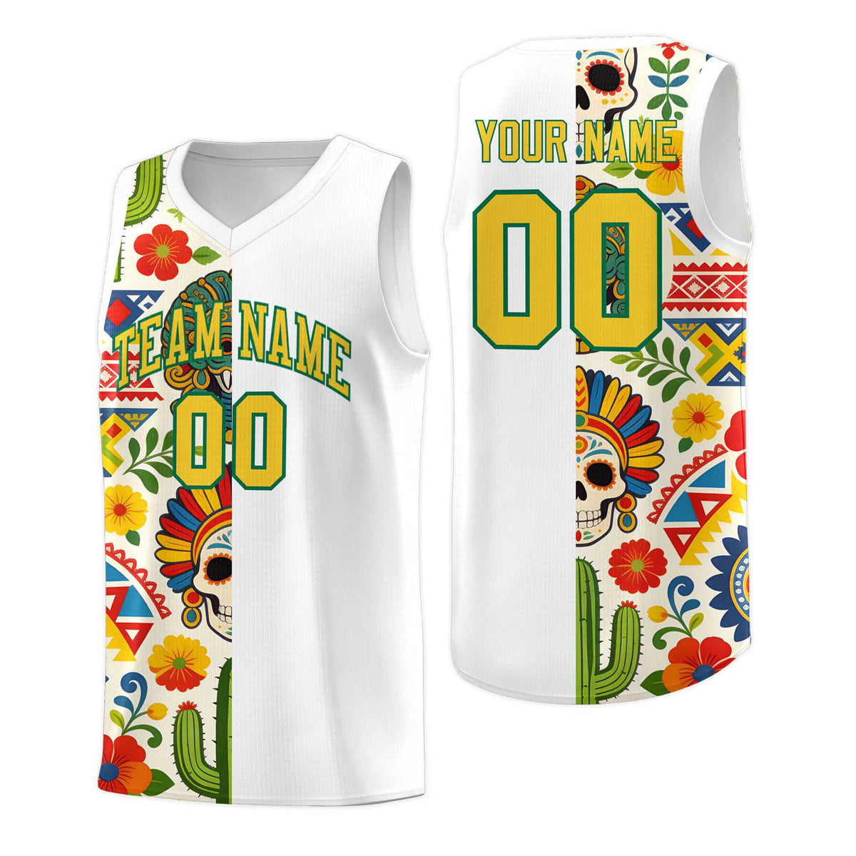 Custom White Skeleton Mexican Colors Graffiti Patterns Breathable Uniform Basketball Jersey