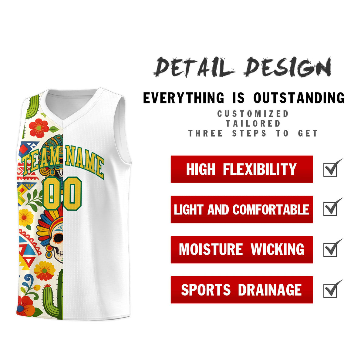 Custom White Skeleton Mexican Colors Graffiti Patterns Breathable Uniform Basketball Jersey