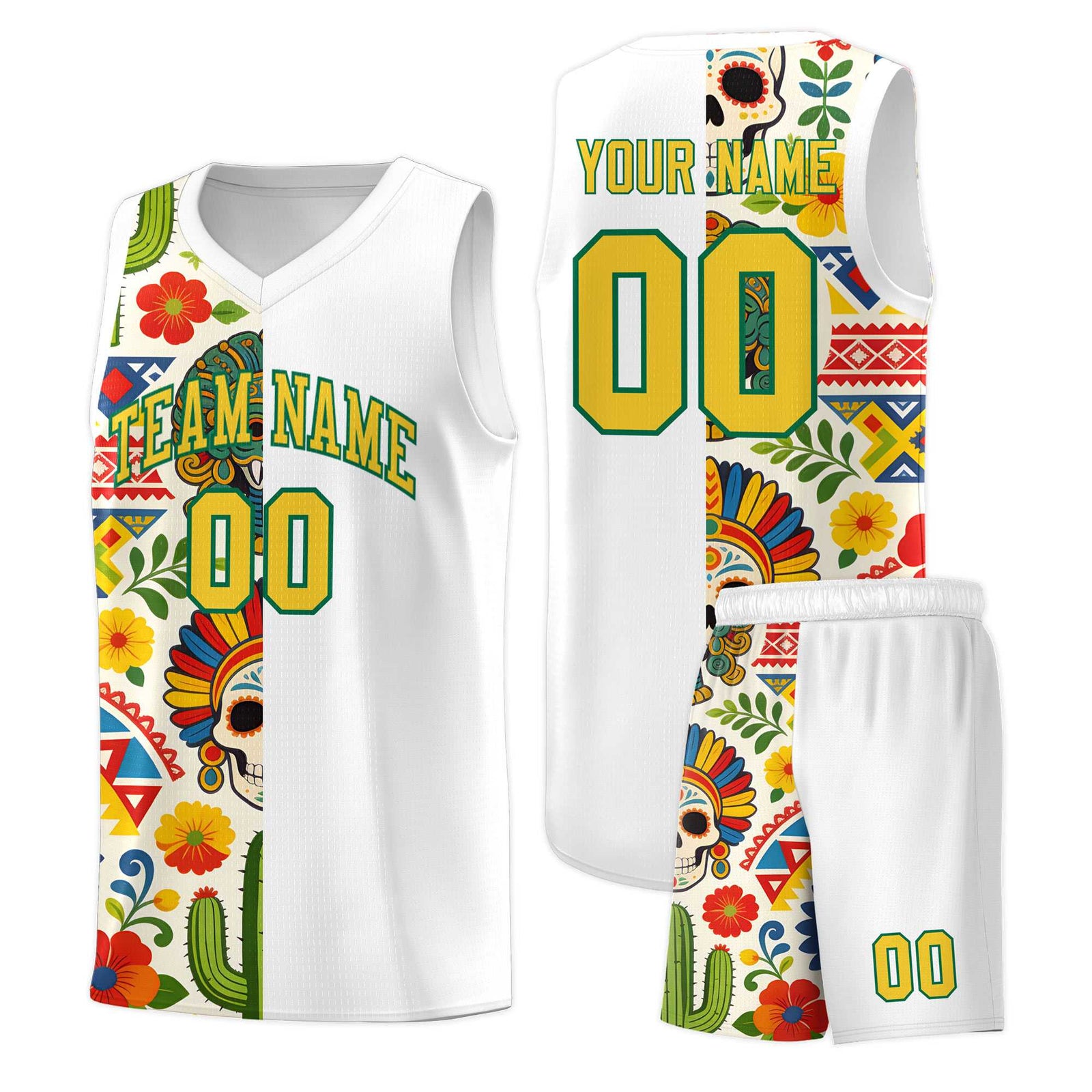 Custom White Skeleton Mexican Colors Graffiti Patterns Breathable Uniform Basketball Jersey