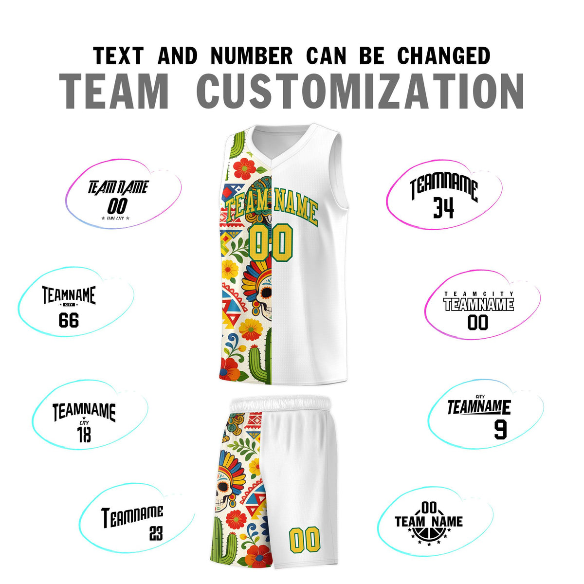 Custom White Skeleton Mexican Colors Graffiti Patterns Breathable Uniform Basketball Jersey