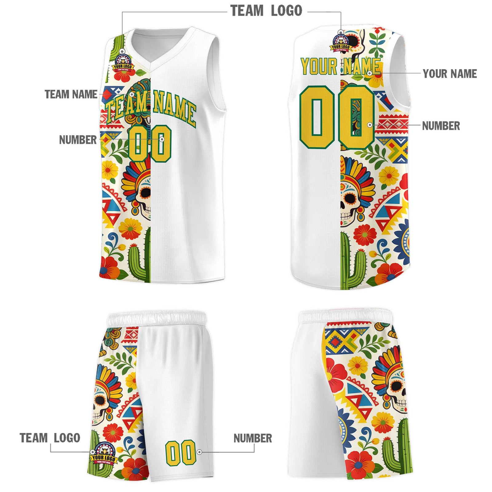 Custom White Skeleton Mexican Colors Graffiti Patterns Breathable Uniform Basketball Jersey