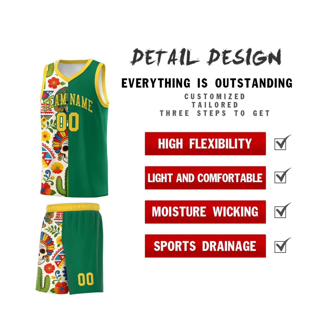 Custom Kelly Green Skeleton Mexican Colors Graffiti Patterns Quick-Drying Uniform Basketball Jersey