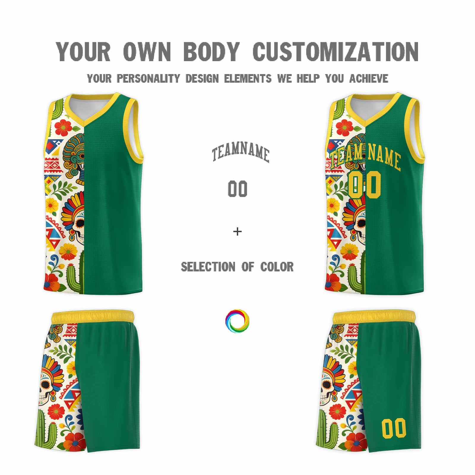 Custom Kelly Green Skeleton Mexican Colors Graffiti Patterns Quick-Drying Uniform Basketball Jersey