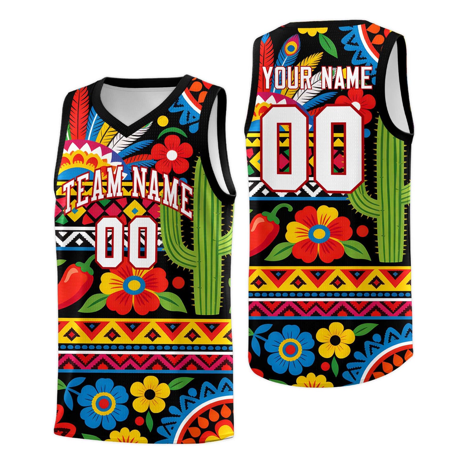 Custom Black Cactus Mexican Colors Graffiti Patterns Wrinkle-Resistant Uniform Basketball Jersey