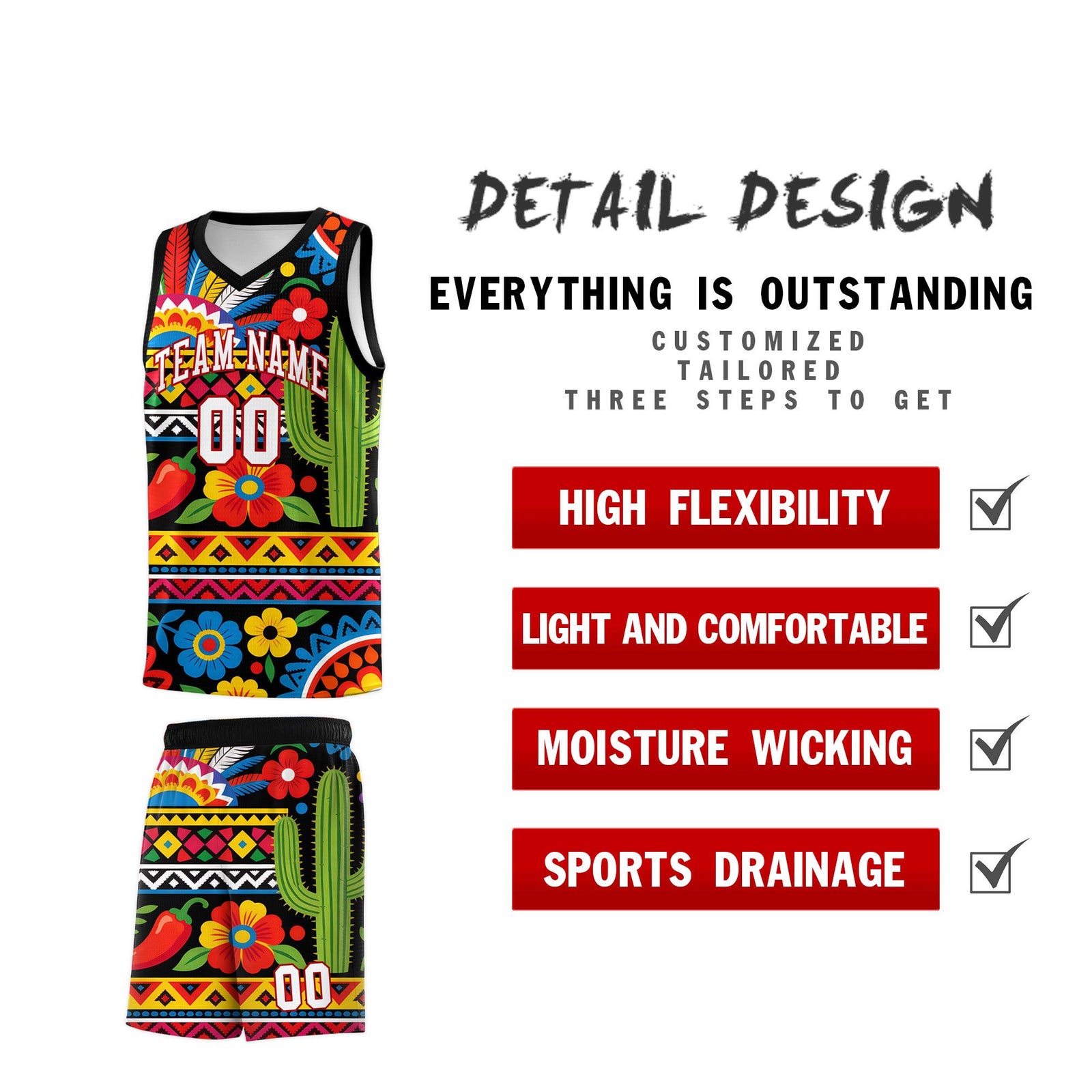 Custom Black Cactus Mexican Colors Graffiti Patterns Wrinkle-Resistant Uniform Basketball Jersey