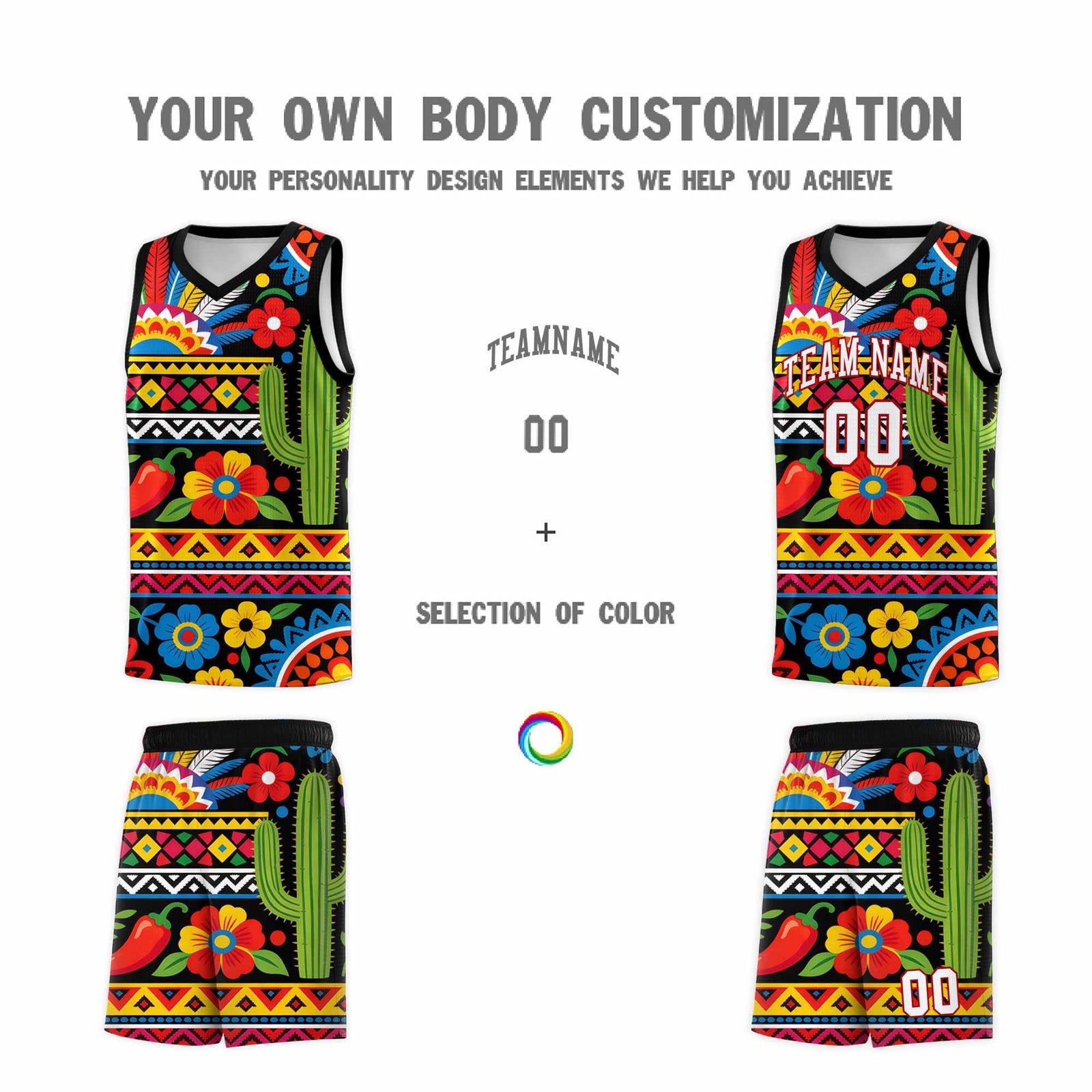 Custom Black Cactus Mexican Colors Graffiti Patterns Wrinkle-Resistant Uniform Basketball Jersey