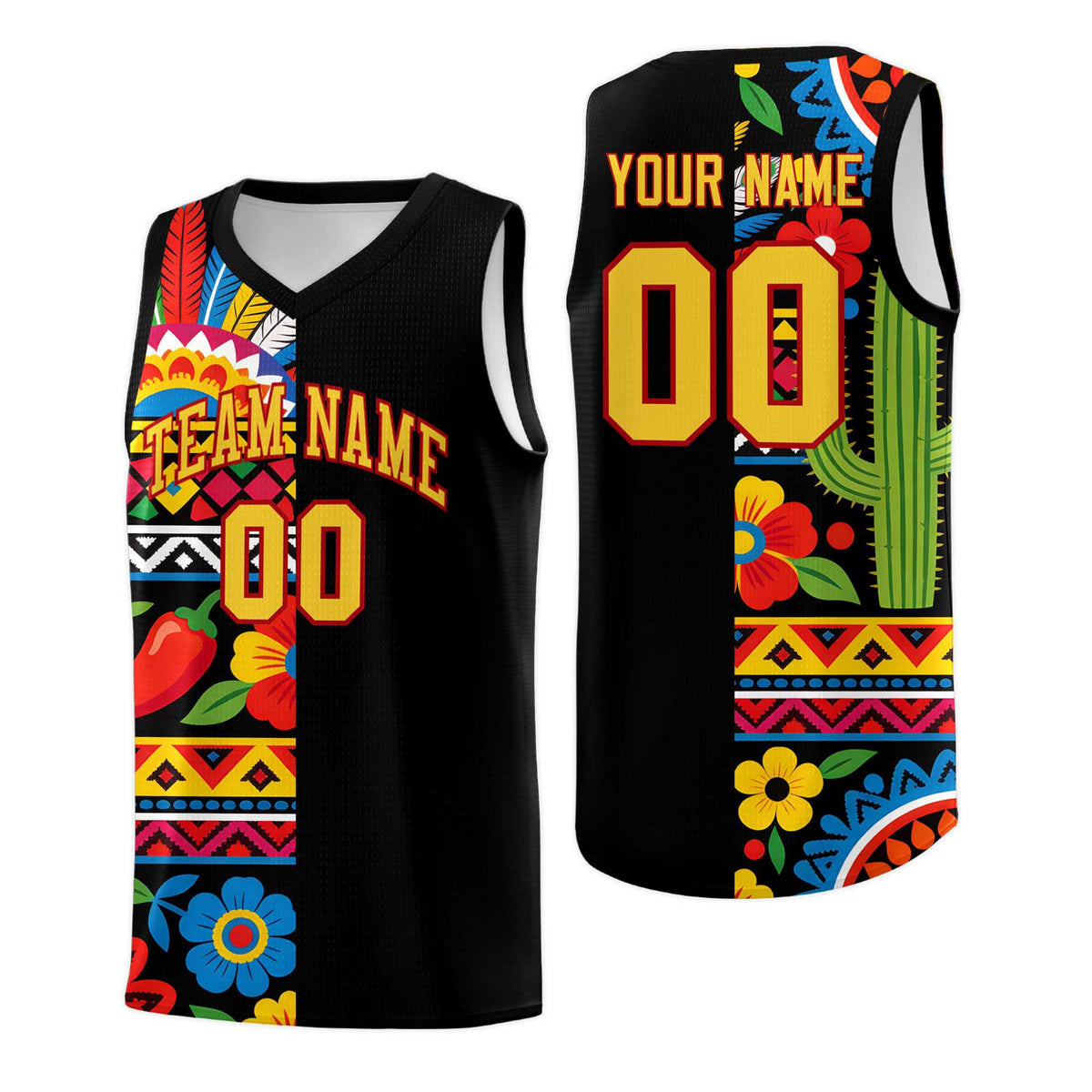 Custom Black Cactus Mexican Colors Graffiti Patterns Drapable Uniform Basketball Jersey