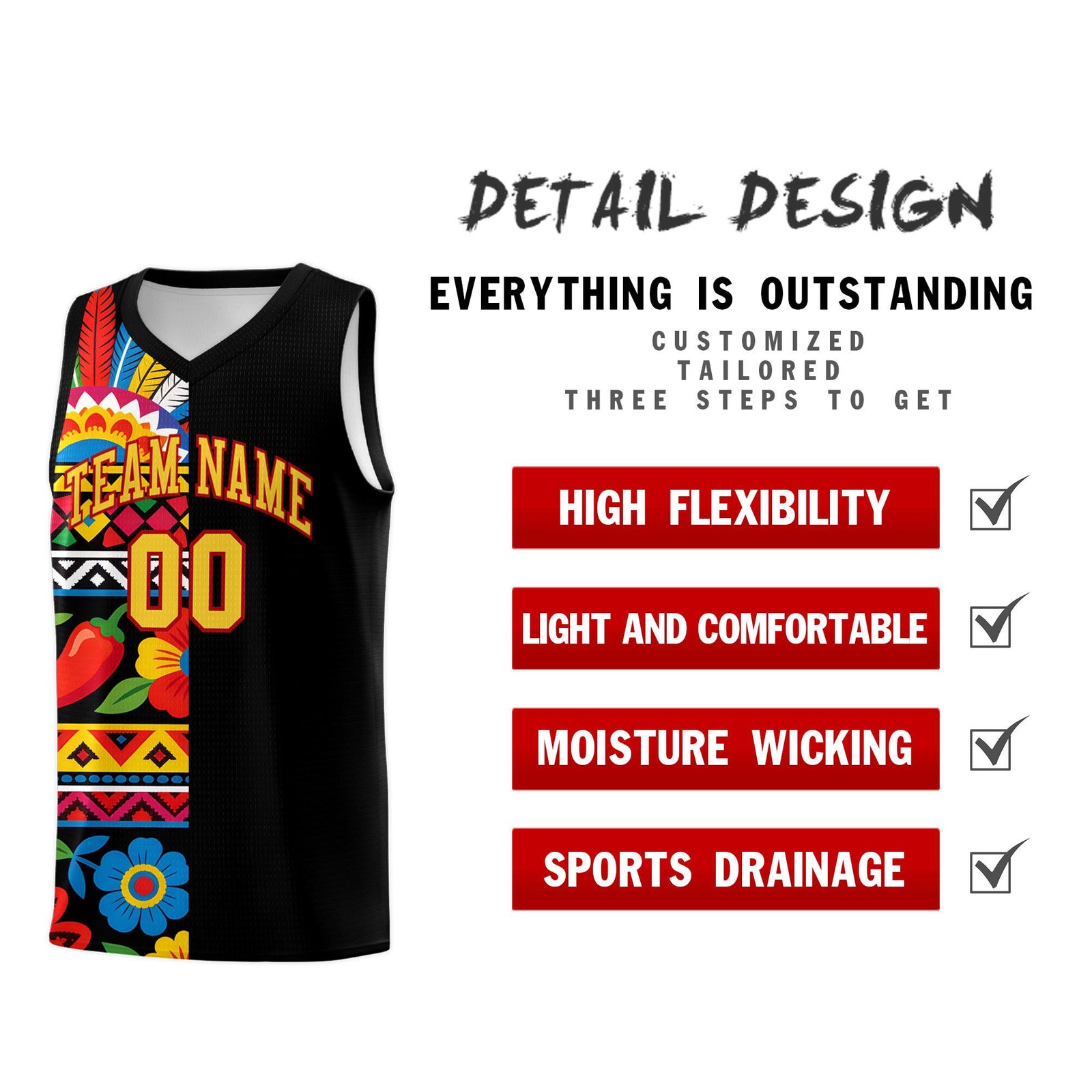 Custom Black Cactus Mexican Colors Graffiti Patterns Drapable Uniform Basketball Jersey