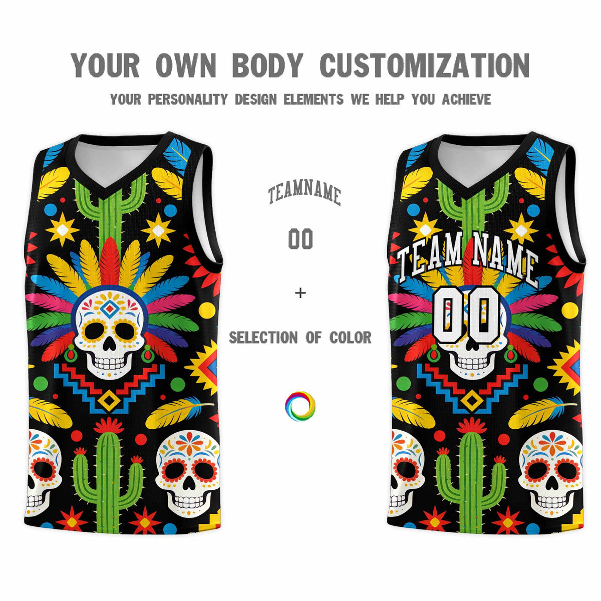 Custom Black Skeleton Mexican Colors Graffiti Patterns Sublimation Printing Uniform Basketball Jersey