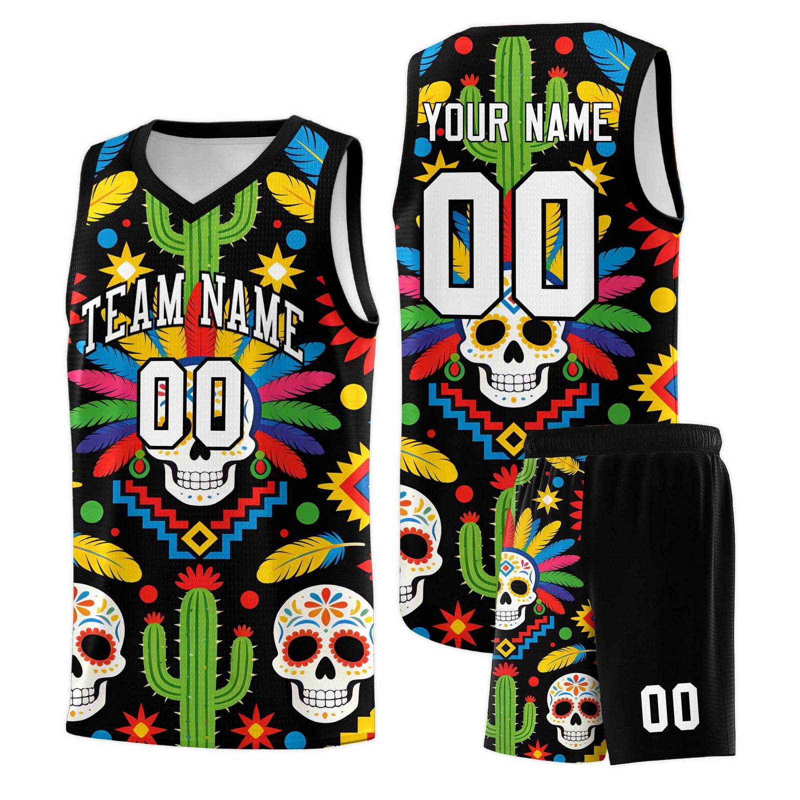 Custom Black Skeleton Mexican Colors Graffiti Patterns Sublimation Printing Uniform Basketball Jersey