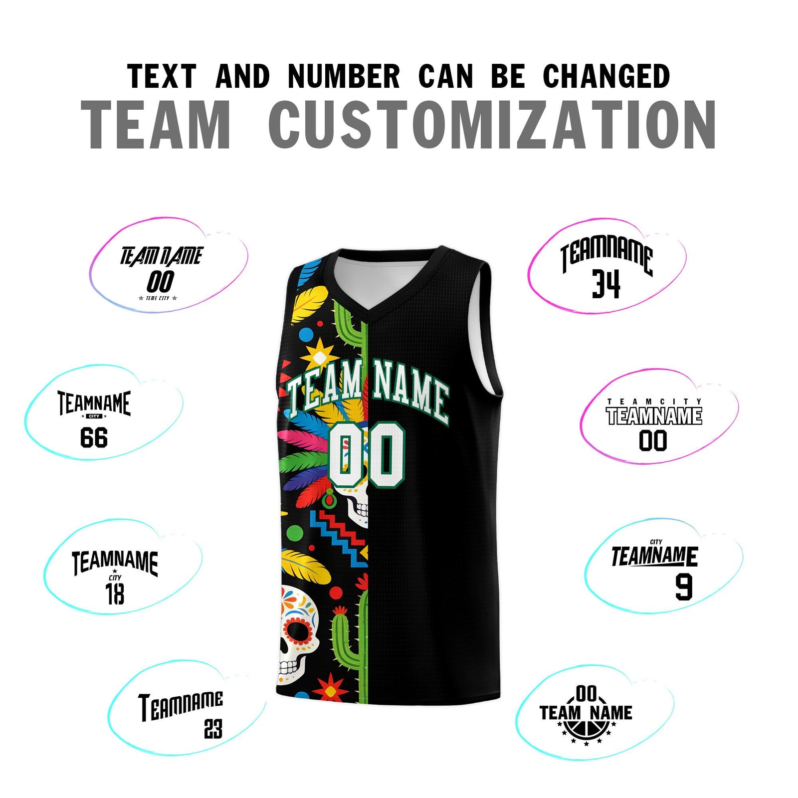Custom Black Skeleton Mexican Colors Graffiti Patterns Breathable Uniform Basketball Jersey