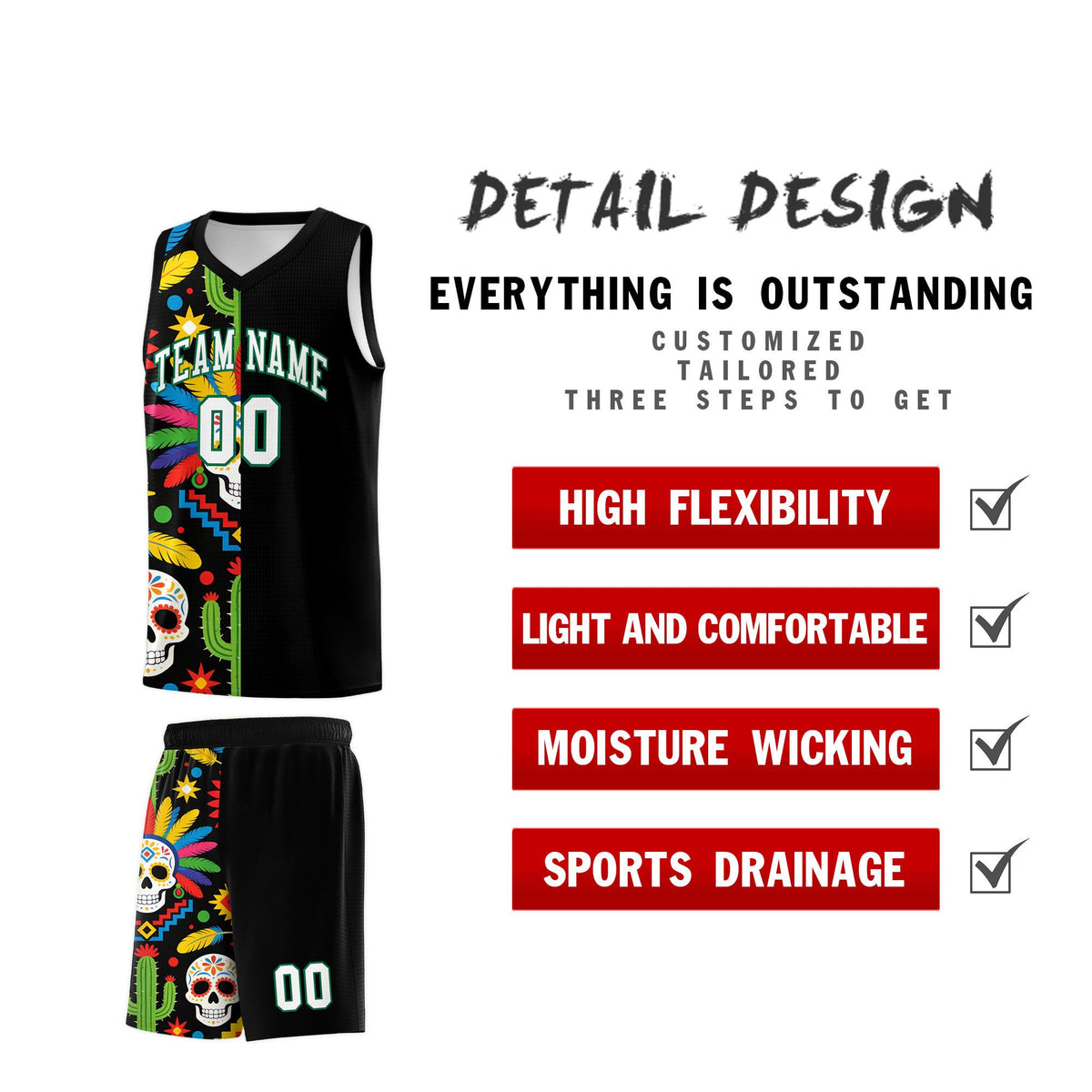 Custom Black Skeleton Mexican Colors Graffiti Patterns Breathable Uniform Basketball Jersey