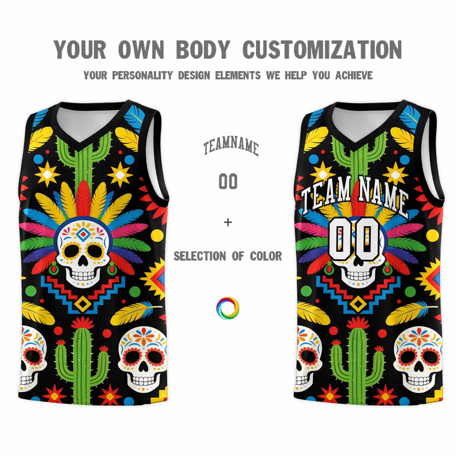 Custom Black Skeleton Mexican Colors Graffiti Patterns Quick-Drying Uniform Basketball Jersey