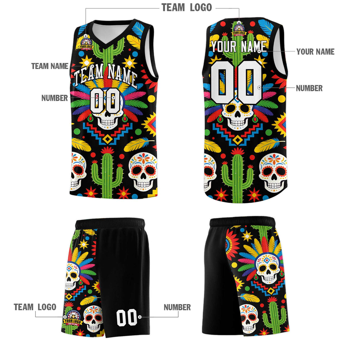 Custom Black Skeleton Mexican Colors Graffiti Patterns Quick-Drying Uniform Basketball Jersey