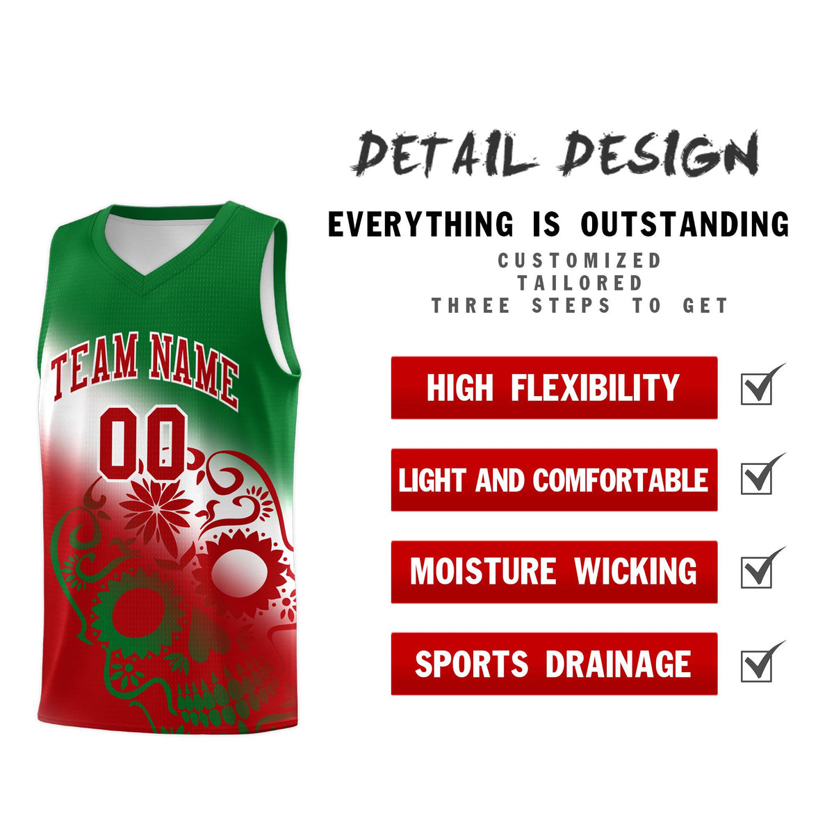 Custom White Kelly Green Red Mexican Colors Graffiti Patterns Lightweight Uniform Basketball Jersey