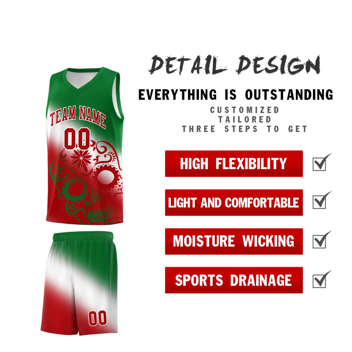 Custom White Kelly Green Red Mexican Colors Graffiti Patterns Lightweight Uniform Basketball Jersey