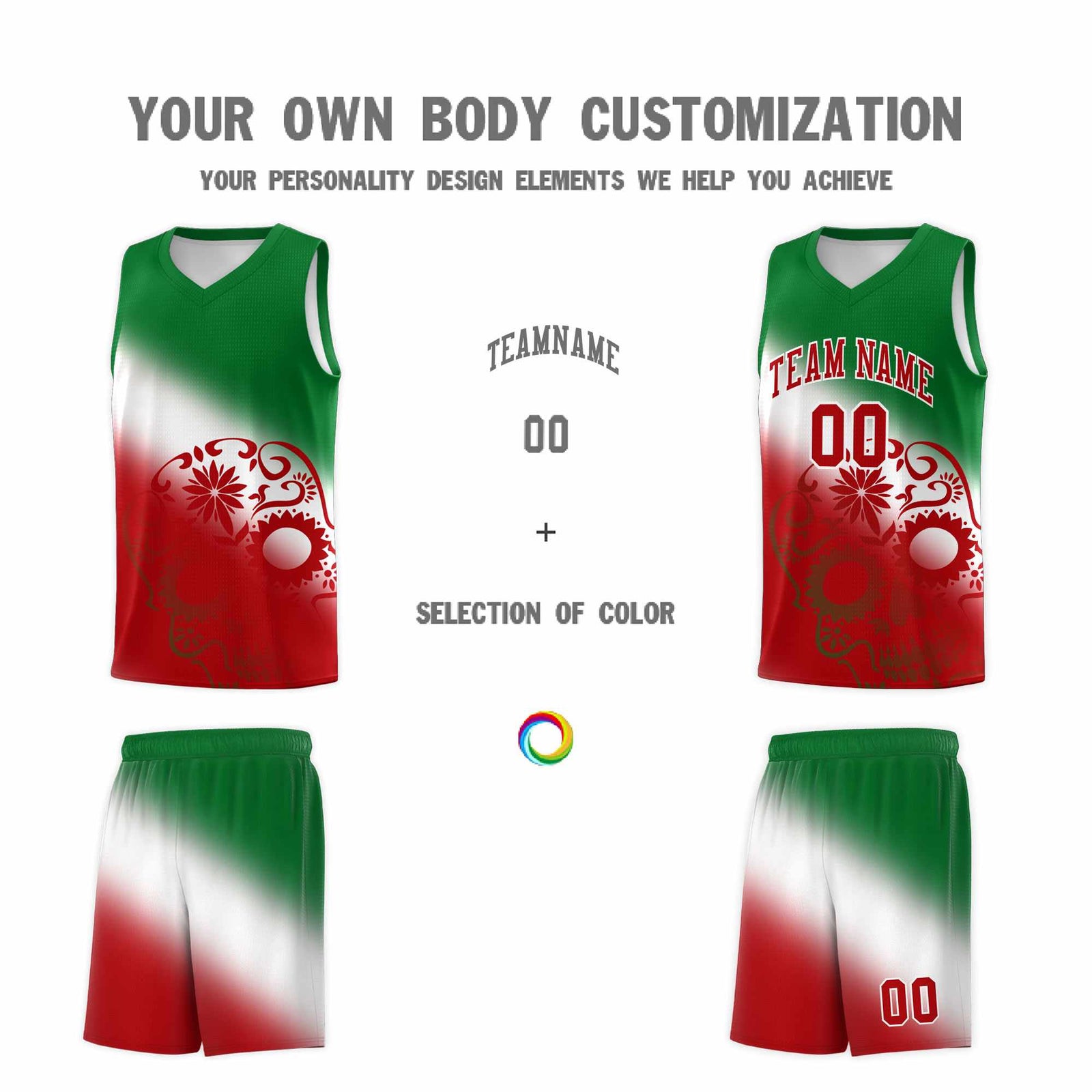 Custom White Kelly Green Red Mexican Colors Graffiti Patterns Lightweight Uniform Basketball Jersey