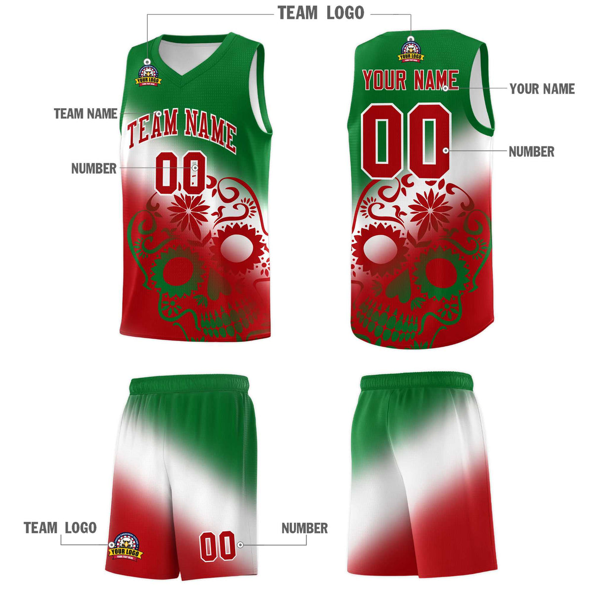Custom White Kelly Green Red Mexican Colors Graffiti Patterns Lightweight Uniform Basketball Jersey
