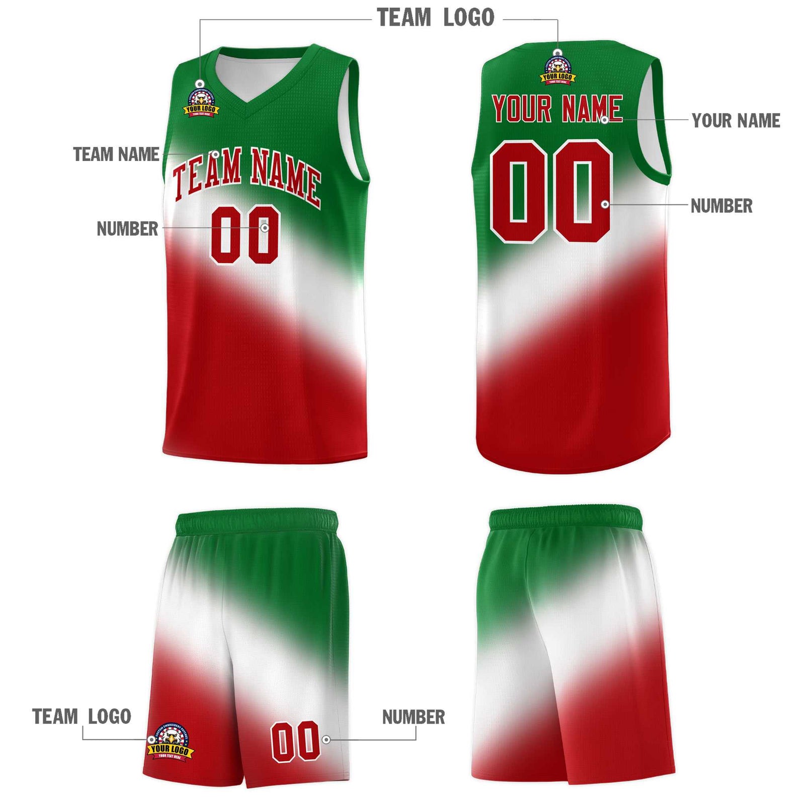 Custom White Kelly Green Red Mexican Colors Graffiti Patterns Wrinkle-Resistant Uniform Basketball Jersey