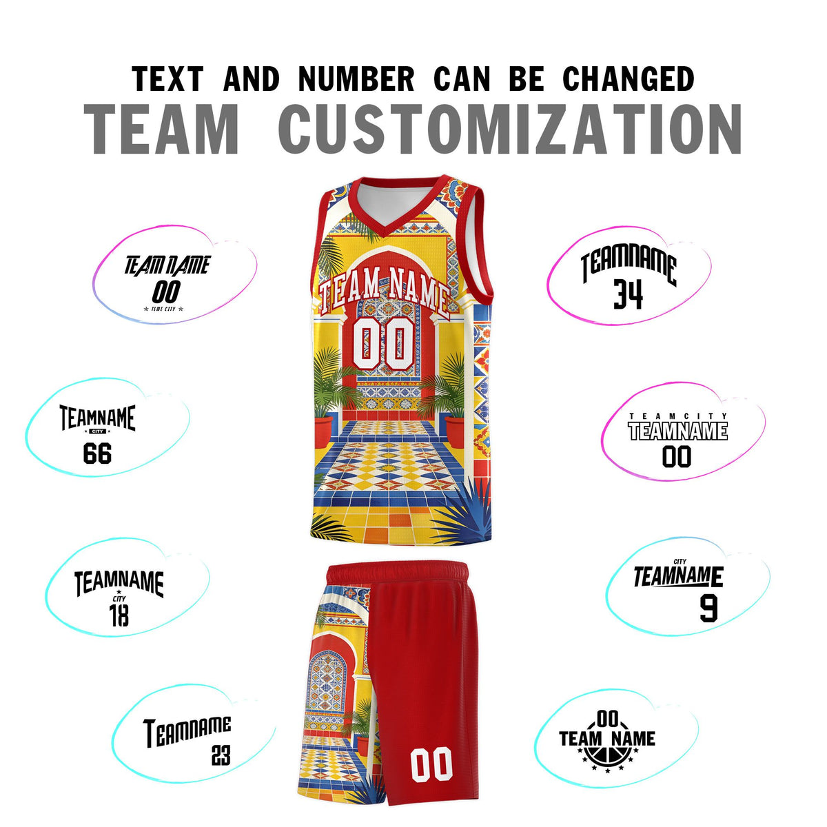 Custom Palace pattern Red Mexican Colors Graffiti Patterns Sublimation Printing Uniform Basketball Jersey