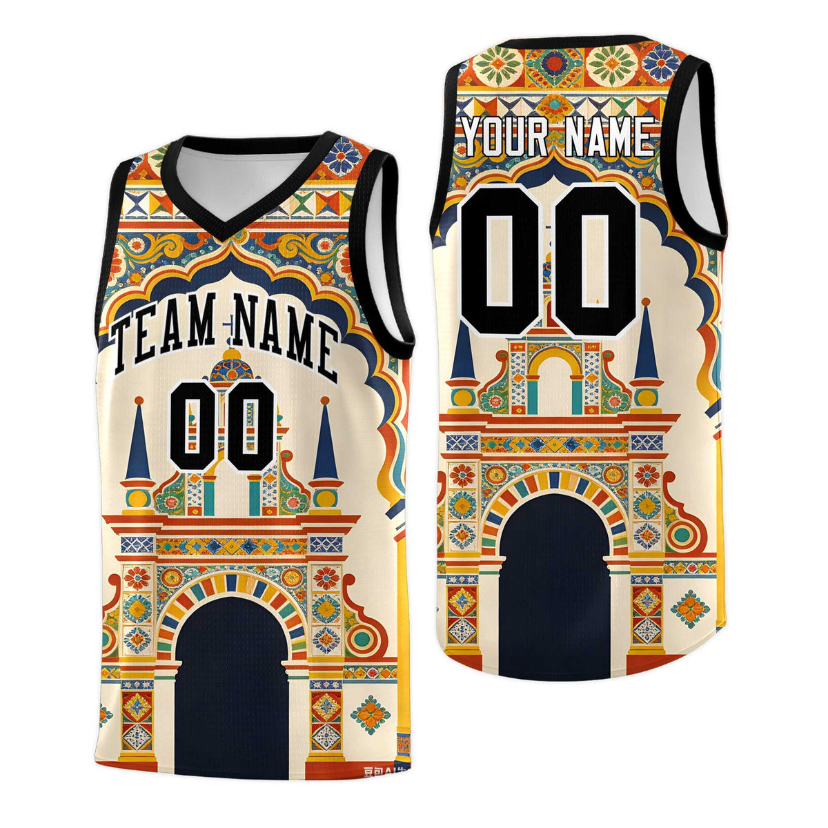 Custom Palace pattern Black Mexican Colors Graffiti Patterns Breathable Uniform Basketball Jersey