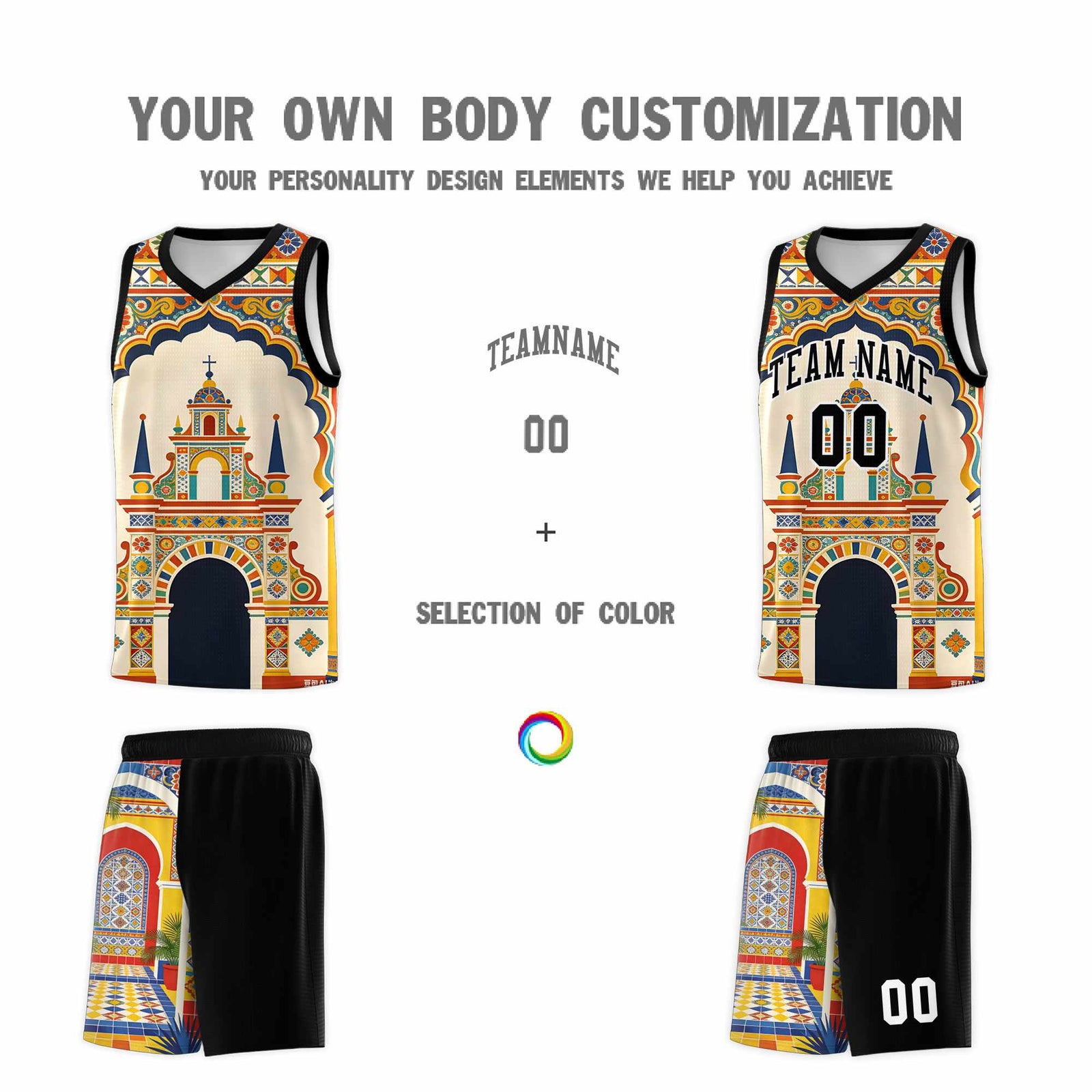 Custom Palace pattern Black Mexican Colors Graffiti Patterns Breathable Uniform Basketball Jersey
