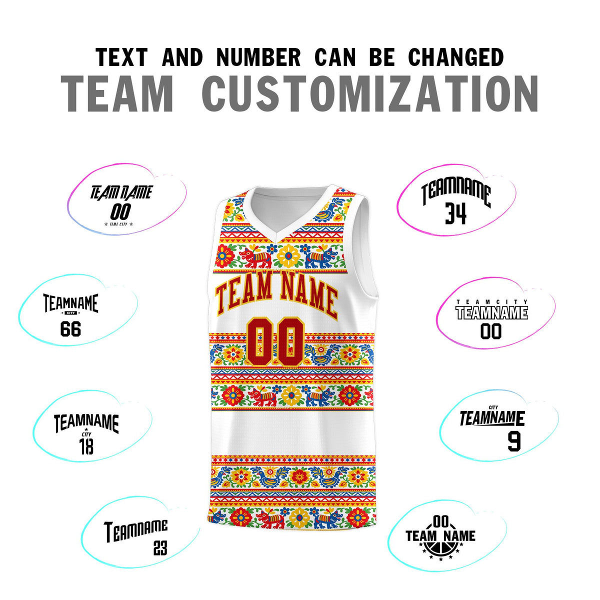 Custom White Colorfulflower pattern Mexican Colors Graffiti Patterns Quick-Drying Uniform Basketball Jersey